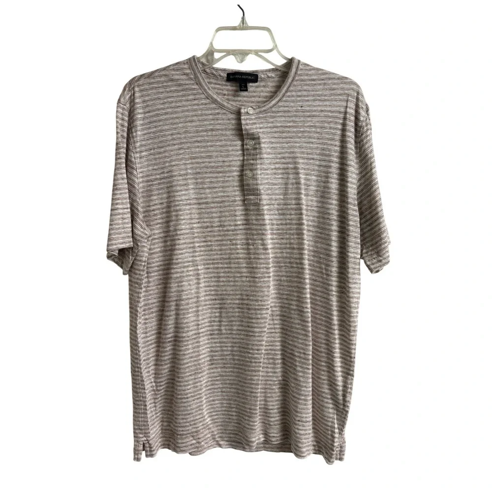 Banana Republic Mens Large Tall Linen Henley Shirt Tan Striped Short Sleeve L T